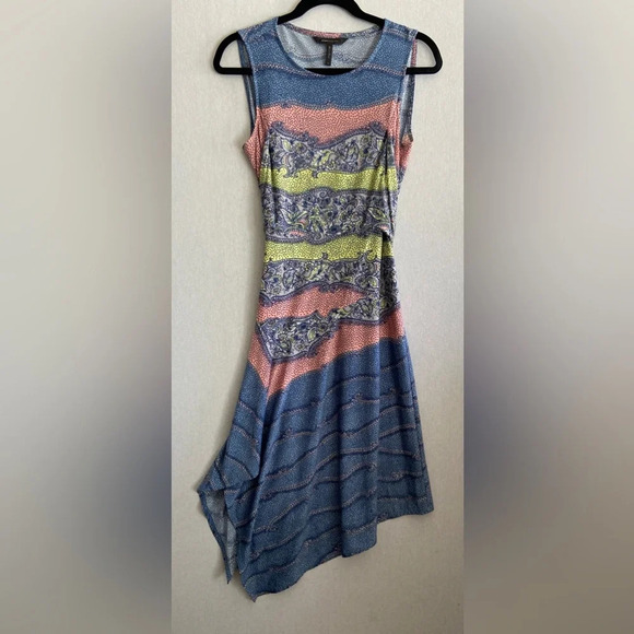 BCBG Max Azria Paisley floral  print belted sleeveless asymmetrical dress Sz M - Picture 2 of 12